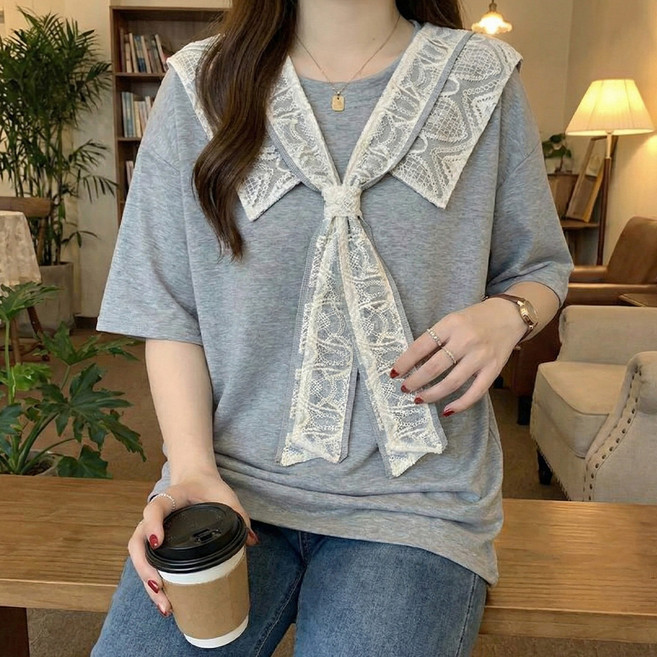 INFIOUS 女款大尺碼蕾絲領結寬鬆T恤 I263-0375