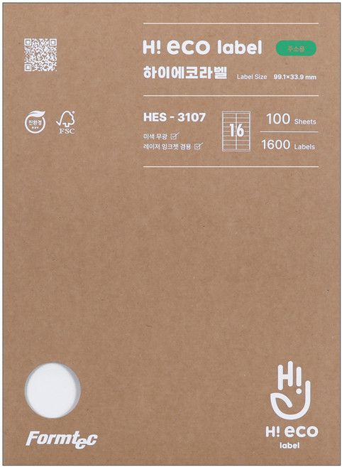 Formtec Hi-Eco 地址標籤 HES-3107, 100個裝, 16格