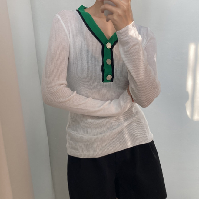 Tteugaejin 女款羅紋鈕扣撞色朗特林V領針織衫