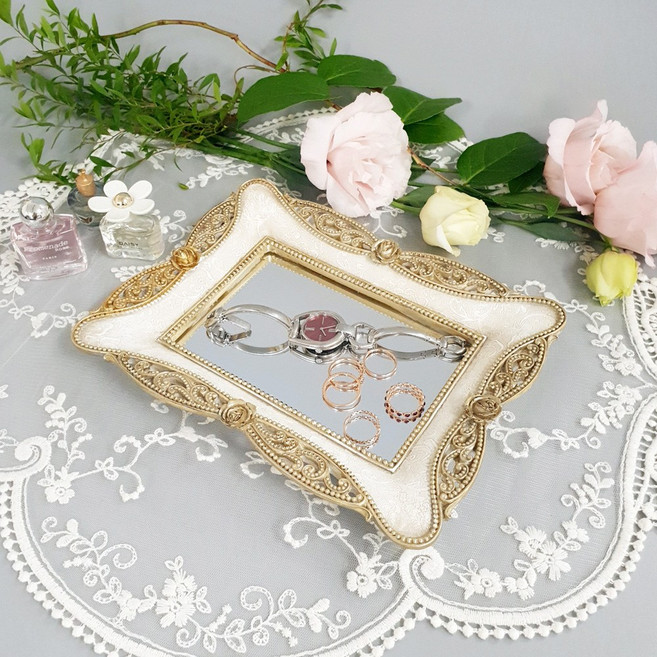 코리아트 로렌 레이스 로즈 사각 미러 트레이, 엔틱화이트