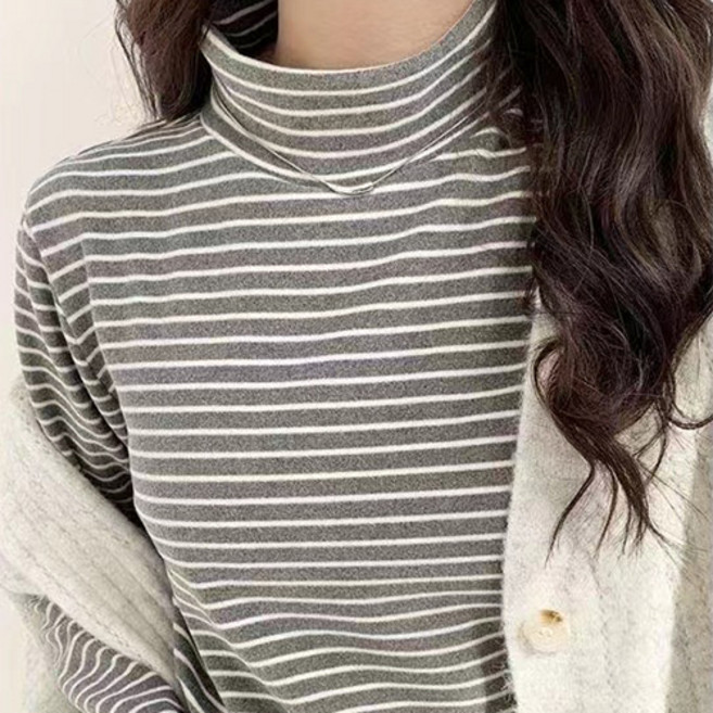 구디프 여성용 데일리 반하이넥 스트라이프 긴팔 티셔츠