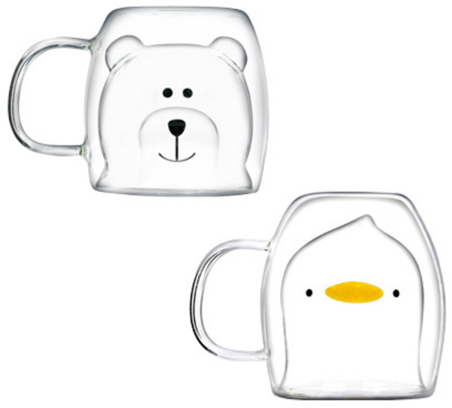 애니멀 이중 내열 유리컵 세트, 곰 + 오리, 2개