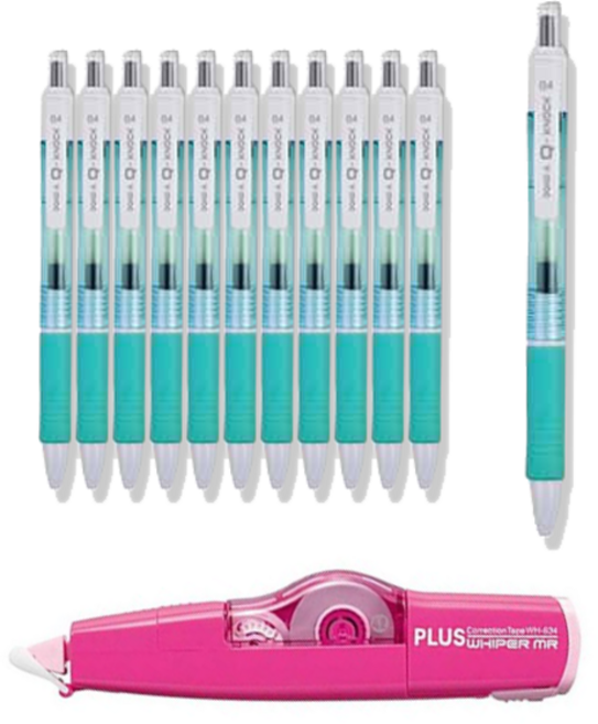 동아 큐 노크 펜 0.4 12p + 플러스 수정테이프 랜덤발송 WH-635 세트, 에메랄드 + 검정, 1세트