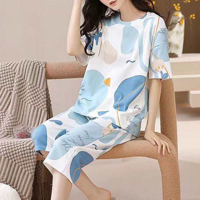 Elsso 女款短袖七分褲睡衣上下套裝