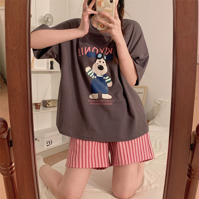 여성용 반팔 큐트 퍼피 파자마 상하의 세트