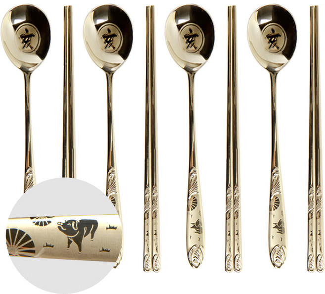 윌리브 국산 304스텐 띠 수저, 돼지, 숟가락+젓가락, 4세트