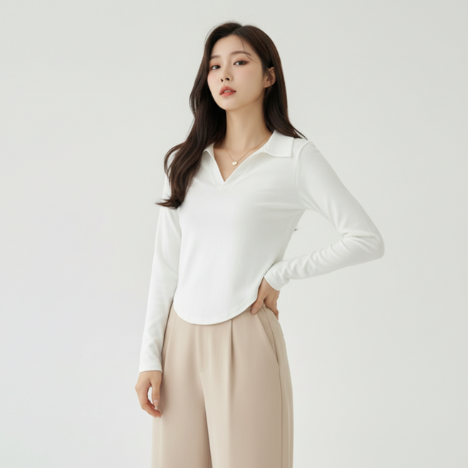 Goodif 女款Polo領修身基本款日常長袖T恤