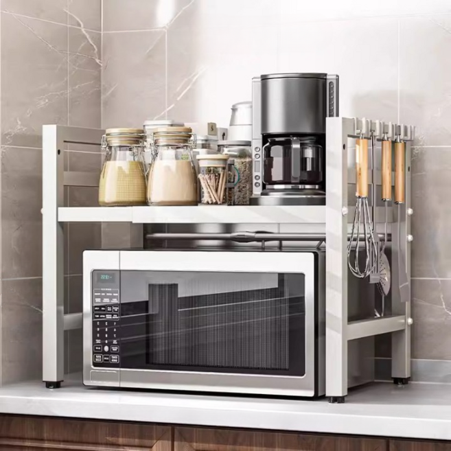 오브민 길이조절 높이조절 전자레인지 선반 + 후크 6p 세트, 화이트, 1단