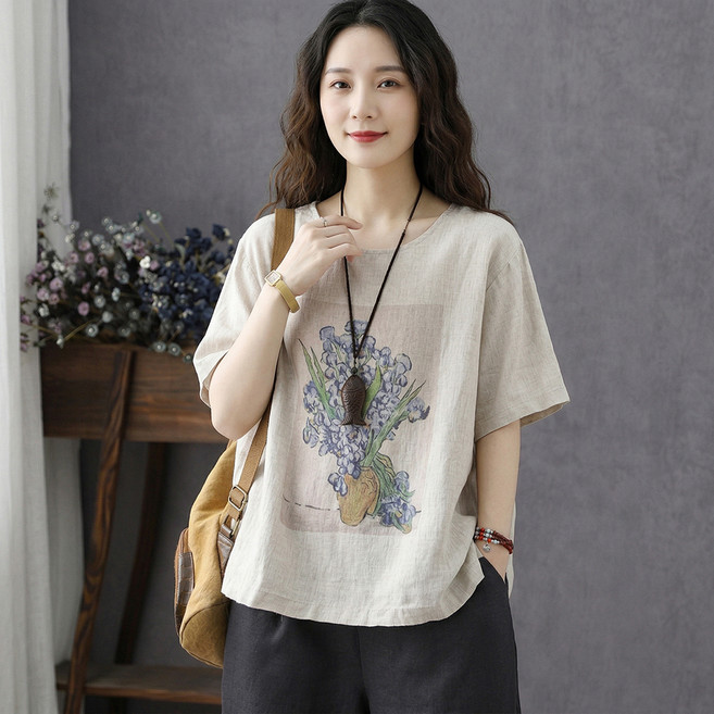 인피어스 여성용 린넨 플라워 빅 프린트 플러스사이즈 티셔츠 I263-0219