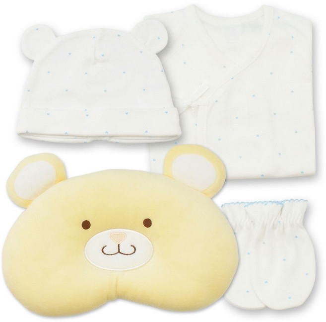 베이비베어 유아용 하트 배냇저고리 + 손싸개 + 신생아모자 + 베어짱구베개 세트