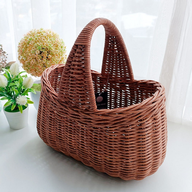 메종인다라탄샵 고급 등나무 손잡이 OVAL 피크닉 라탄바구니 N026H, 브라운, 1개
