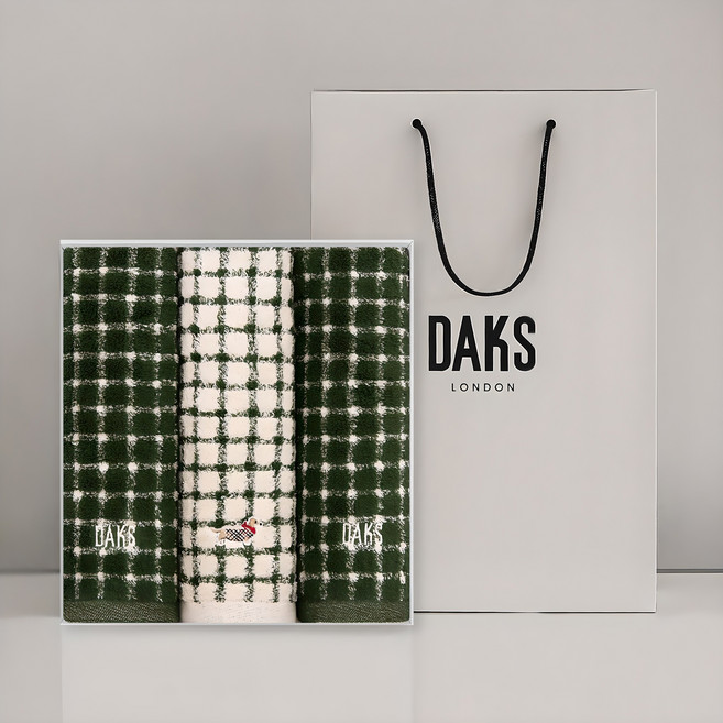 DAKS 格紋洗臉毛巾 190g 40支精梳棉禮盒組 (奶油白+橄欖綠), 1組, 奶油白+橄欖綠