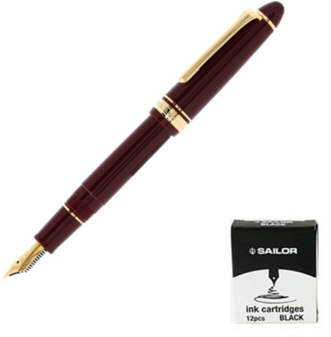 세일러 프로피트 스탠다드 마룬 금장 14K 만년필 + 잉크카트리지 12p 실속세트, F, 브라운(만년필), 검정(잉크)