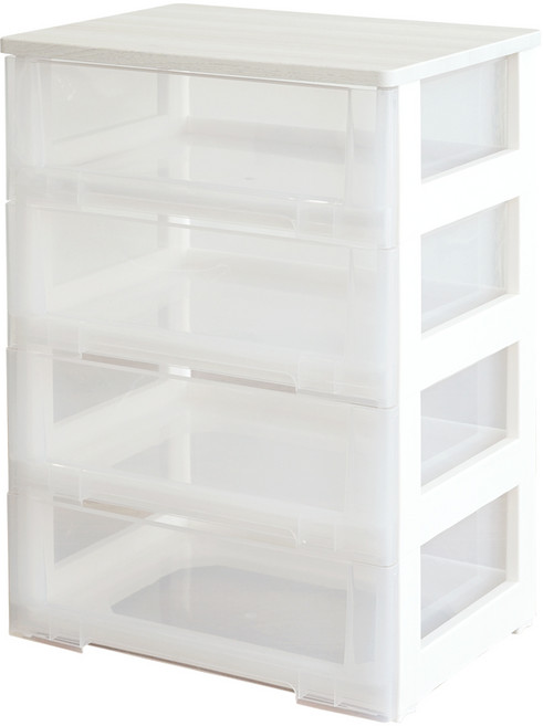 보노하우스 이노스 우드상판형 투명 서랍장, 4단, 화이트 오크