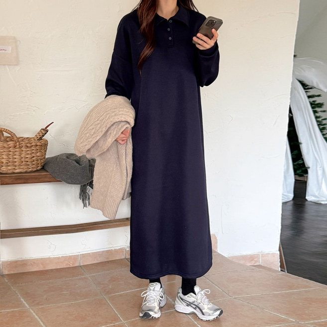 Borimam 刷毛翻領寬鬆孕婦長版連身裙 a78