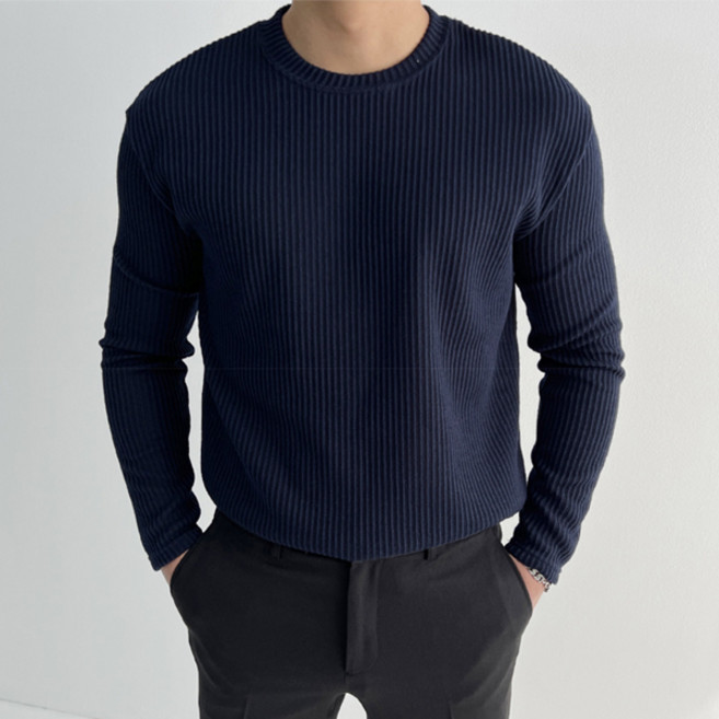 머시따 남성용 오버핏 골지 패턴 라운드 긴팔 티셔츠