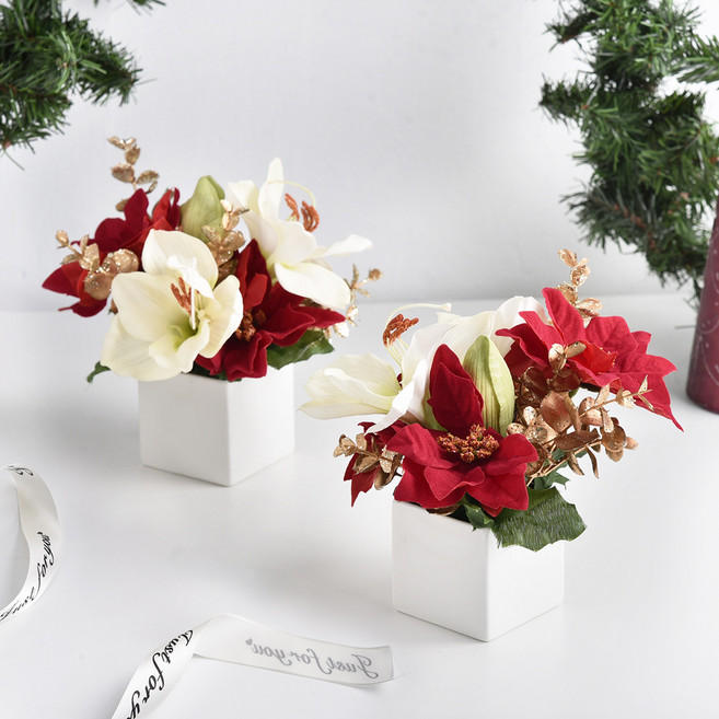 Meric Garden 仿真花 手工白雪聖誕紅小盆栽 台灣製, 紅色, 2個