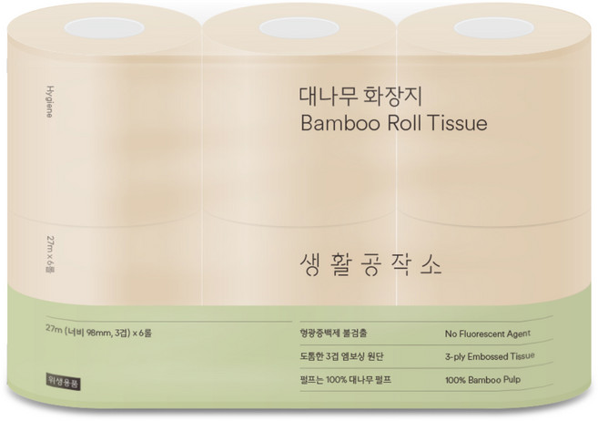 생활공작소 대나무 천연펄프 3겹 고급롤화장지, 27m, 6개입, 1개
