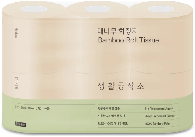 생활공작소 대나무 천연펄프 3겹 고급롤화장지, 27m, 6개입, 1개 - 쿠팡