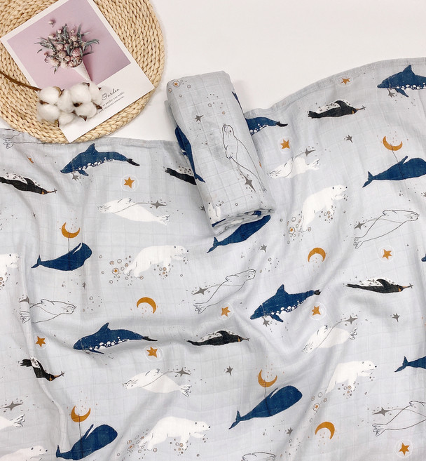 럭셔리베이비 유아용 2중 뱀부 거즈 블랭킷, 바다동물