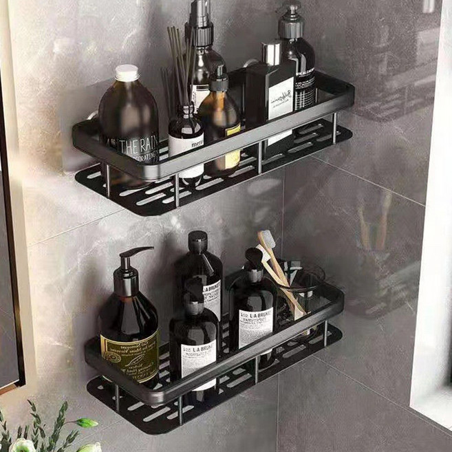 위더스욕실용품 알루미늄 무타공 일자 욕실선반 2p 세트, 블랙, 1세트