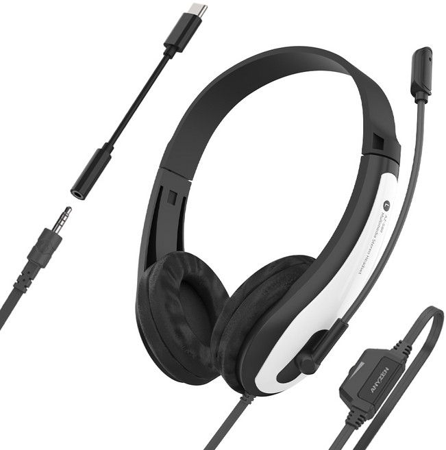 애니젠 스테레오 4극 3.5mm + C타입 겸용 유선 헤드셋, AZ-580C, 블랙