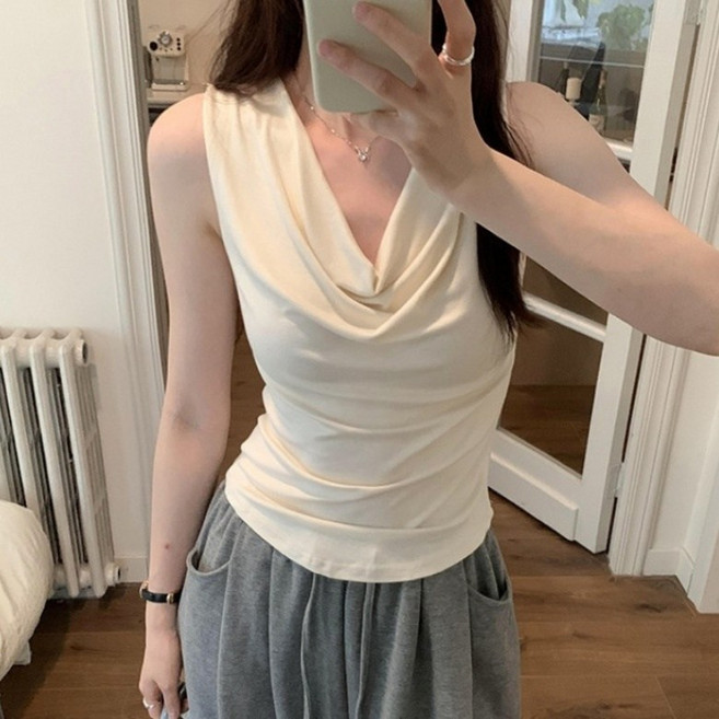 I'M MONG 女款修身垂墜領抓皺無袖T恤 R6H037