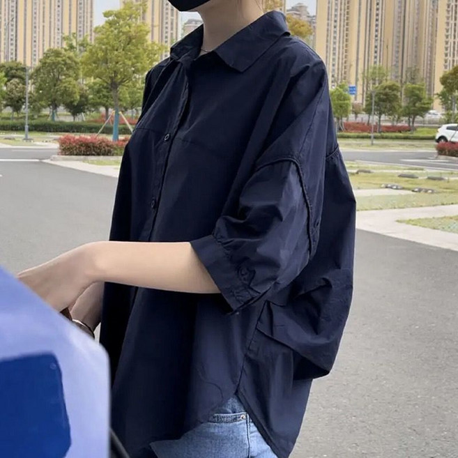 PEONIST 女款不對稱翻領短袖寬鬆襯衫