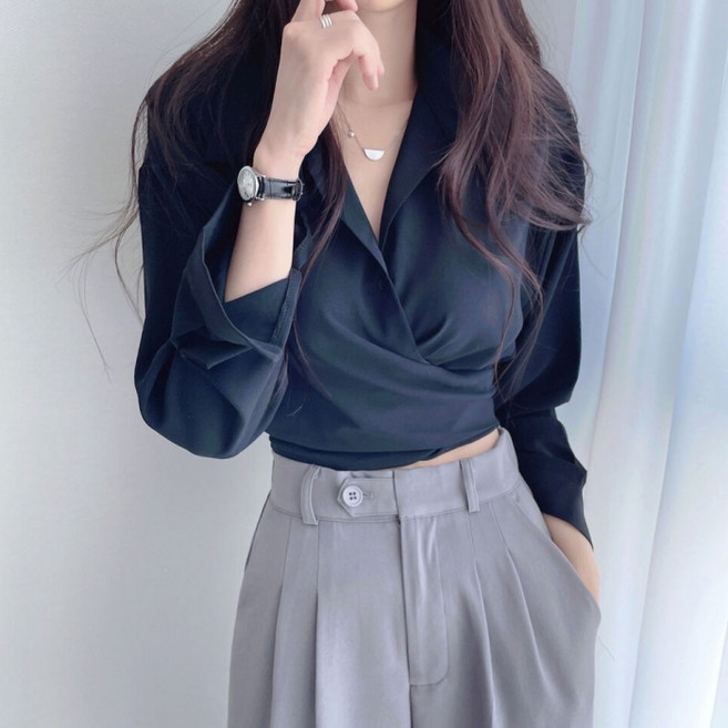 DMELD 女款性感收腰後蝴蝶結長袖開襟V領翻領襯衫