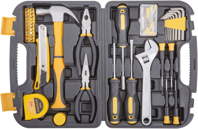 HANDY MAN 家用工具 43件組, 1組, 捲尺 + 纖維錘 + 橡膠錘兩用蓋 + 美工刀 + 六角板手 + 活動板手 + 鯉魚鉗 + 尖嘴鉗 + 螺絲刀 + 精密螺絲刀 + 起子頭手柄 + 起子頭 + 六角板手 + 釘子盒