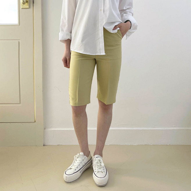 플랜데이 여성용 바이커 일자 슬림 5부 슬랙스 팬츠