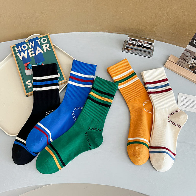 워더미 여성용 비비드 라인 키치 컬러 중목 패션 양말 5종 세트 W805