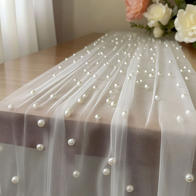 알럽홈 비즈 레이스 쉬폰 파티 테이블러너 L261-0092, 화이트, 1개, 75 x 100 cm