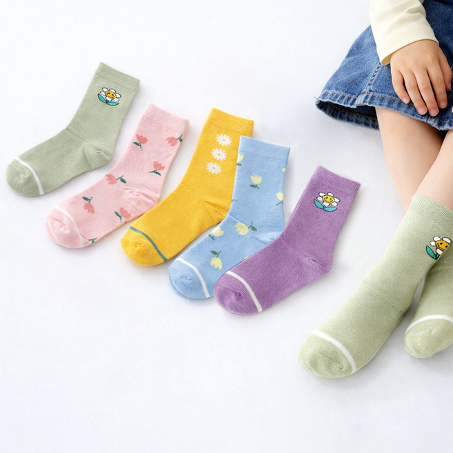 엔젤테디 아동용 미끄럼방지 꽃길 갓성비 긴목 양말 5족 세트