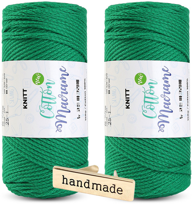 니뜨 뉴 코튼 마크라메 뜨개실 150g x 2p + 핸드메이드 금속라벨 세트, 1세트, 25 브라이트그린(뜨개실)