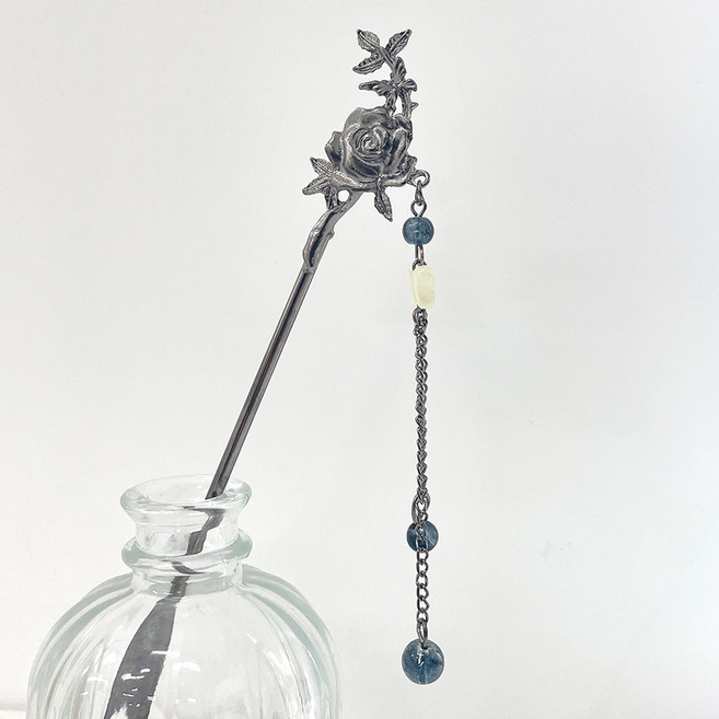 젤루나 메탈 스틱 플라워 나비 달 체인 태슬 롱드롭 유니크 전통 올림머리 뒤꽂이 비녀핀 4 장미 H-234