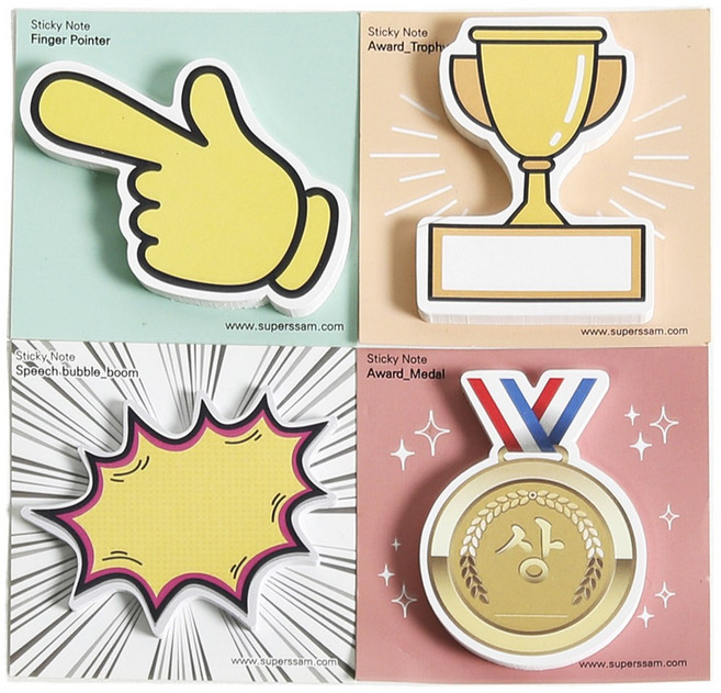 슈퍼쌤 활용만점 스티키노트 4종 세트, 손가락 + 트로피 + 말풍선 + 메달, 1세트