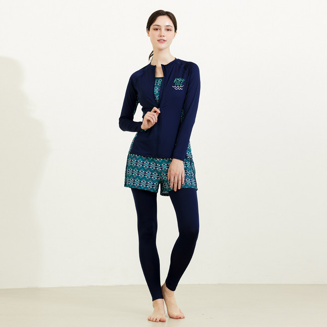 베이직엘르 여성용 패턴 집업 래쉬가드 워터레깅스 3종 세트 BEL-W215N