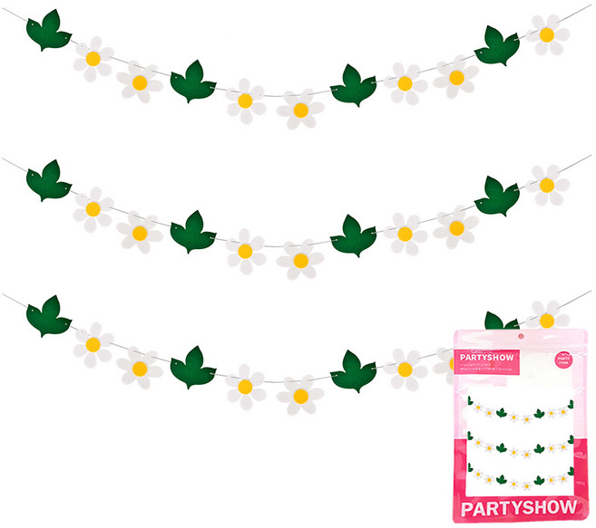 PARTYSHOW 派對拉旗, 雛菊花朵 白色 + 綠色 + 黃色, 3個
