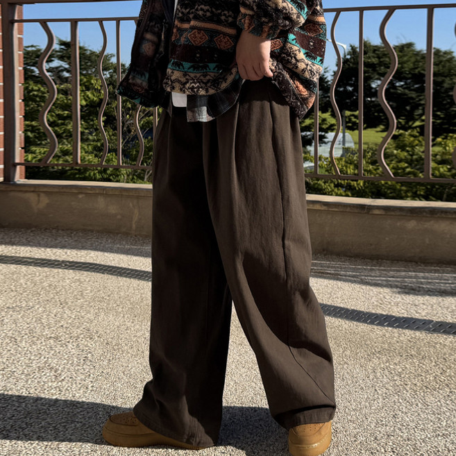 Meosidda 男款基本雙褶鬆緊帶棉質寬褲