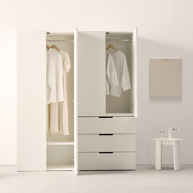 웰퍼니쳐 담우 1단 행거선반형 800 + 3단 서랍형 800 옷장 세트 방문설치, 크림 아이보리
