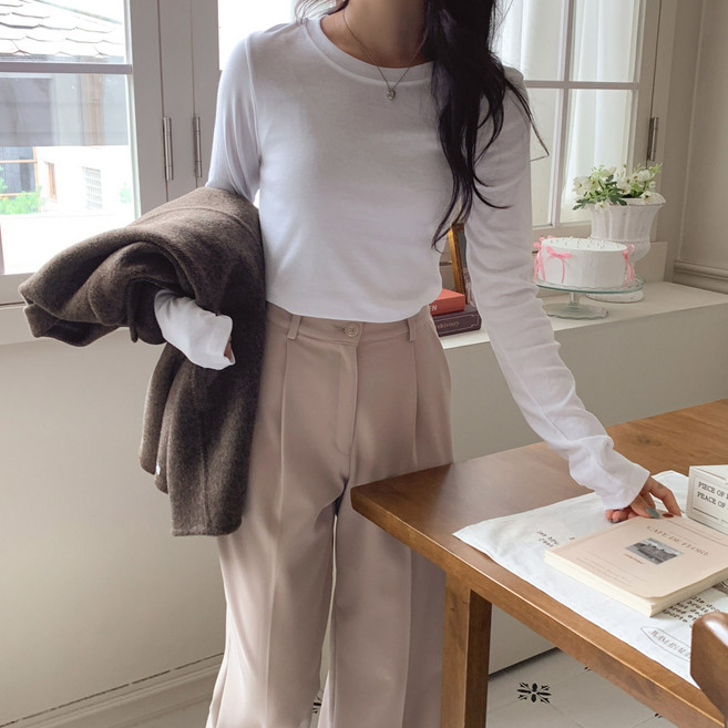 린다샵 여성용 릭스벨 라운드넥 골지 슬림핏 스판 긴팔 티셔츠 cpt15665k48