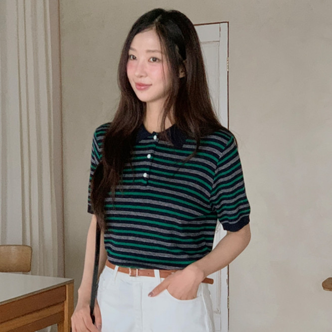 바닐라민트 여성용 롤리 스트라이프 반팔니트