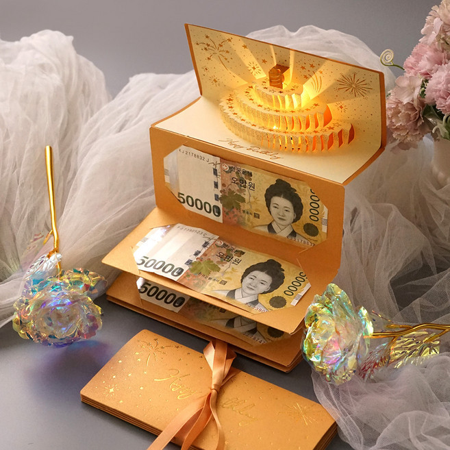 morningscent 人造花活動LED旋律立體式生日零用錢卡+花組
