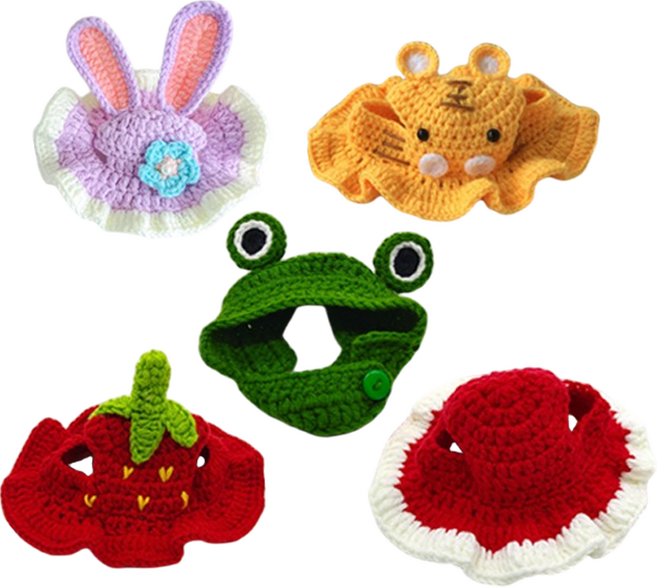 毛皇上 寵物頭套編織帽, 1組, 露露兔 + 老虎 + 深綠蛙 + 草莓 + 紅白邊