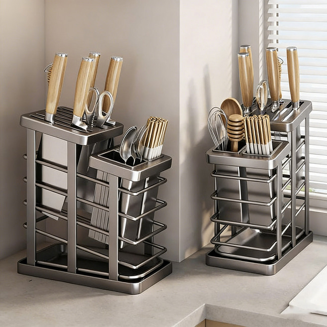 올인원 주방 조리도구 칼 정리 물빠짐 수저통, 다크그레이, 1개