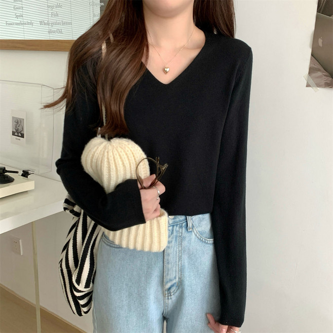 언헤브 여성용 브이넥 데일리 긴팔 니트