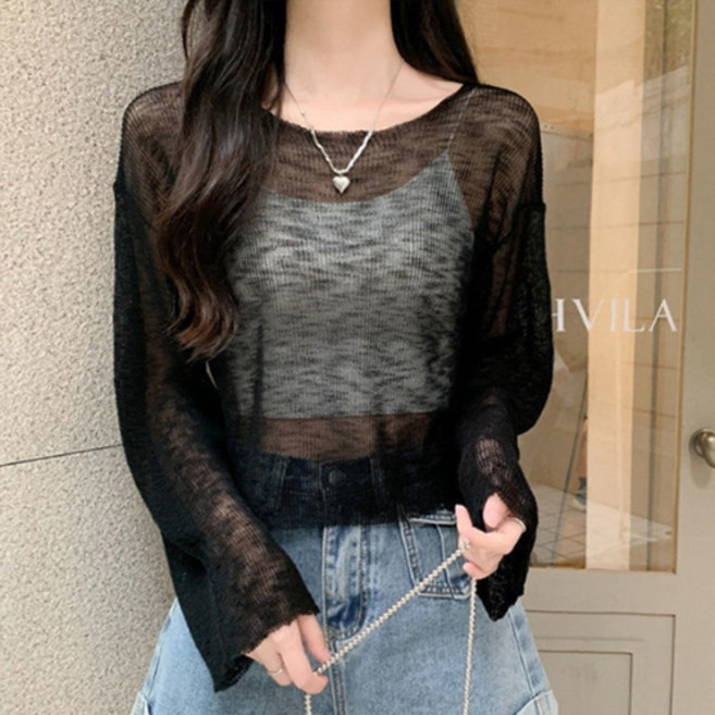 더플로우커머스 여성용 시스루 루즈핏 긴팔 여름 커버업 티셔츠