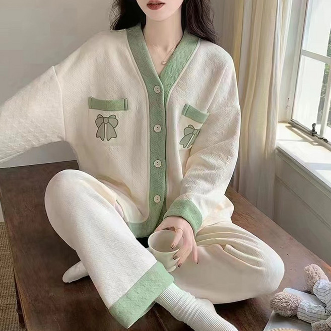 Anna&Co 女款壓紋拼色長袖睡衣上下套裝