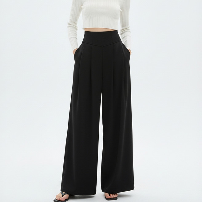 마켓피아 여성용 와이드 플리츠 하이웨스트 롱팬츠